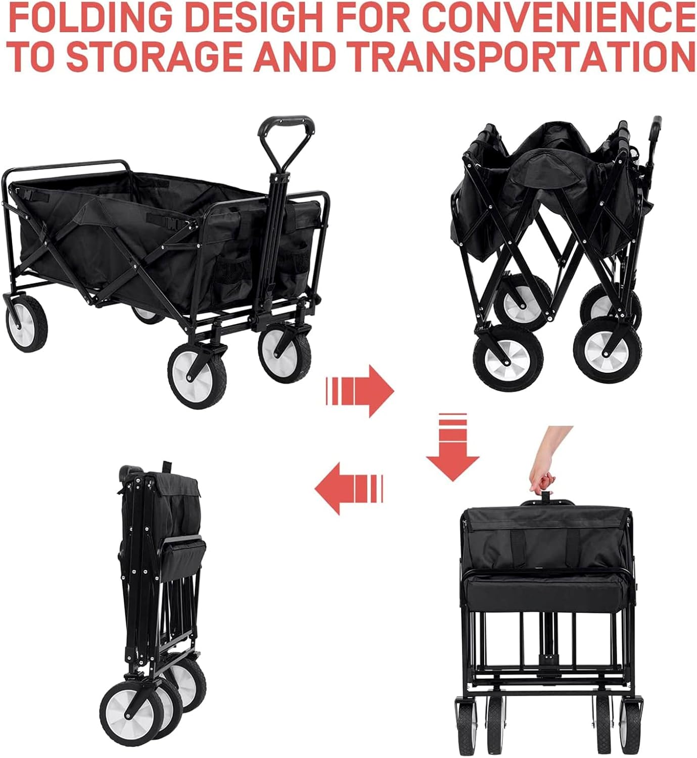 Heavy Duty Collapsible Folding Wagon - Portable Garden Cart with Universal Wheels, Large Capacity Utility Wagon for Outdoor Camping, Beach, Grocery Shopping, Sports, BBQ - Khaki