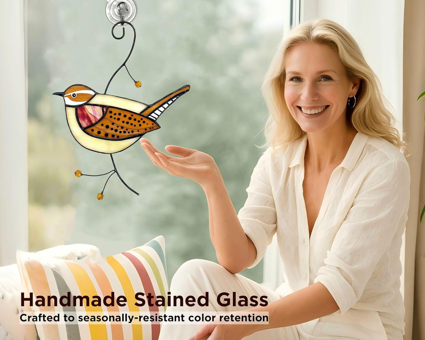 Carolina Wren Stained Glass Window Hanging - Handmade Real Glass Bird Suncatcher for Women, Mom, Grandma - Elegant Gifts Box Home Decor (H7.9xW6.1 Inch)