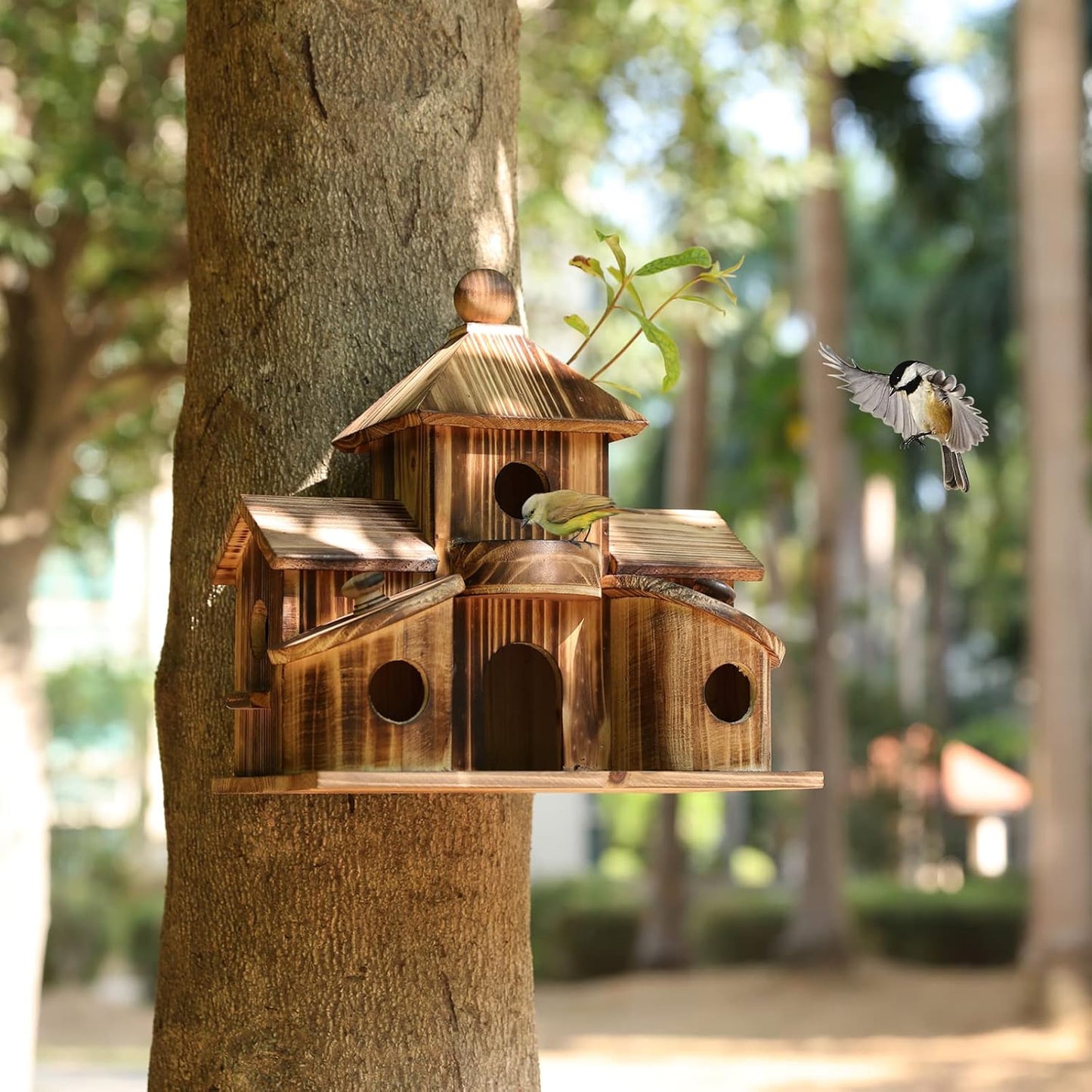 Bird House for Outside, Wooden 6 Hole Bird House Room for Multiple Birds, Decorative Hanging Birdhouse Nesting Box for Garden, Bird Hotel for Wren Chickadee Sparrow