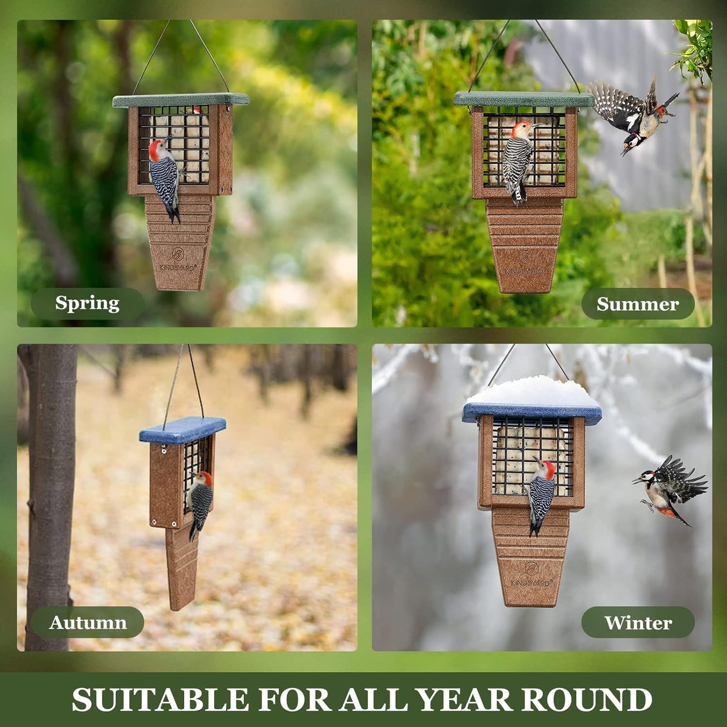 Kingsyard Recycled Plastic Suet Bird Feeder, Tail Prop Suet Feeder for Outside Hanging, Sturdy & Durable, Great for Woodpecker & Clinging Birds, Blue