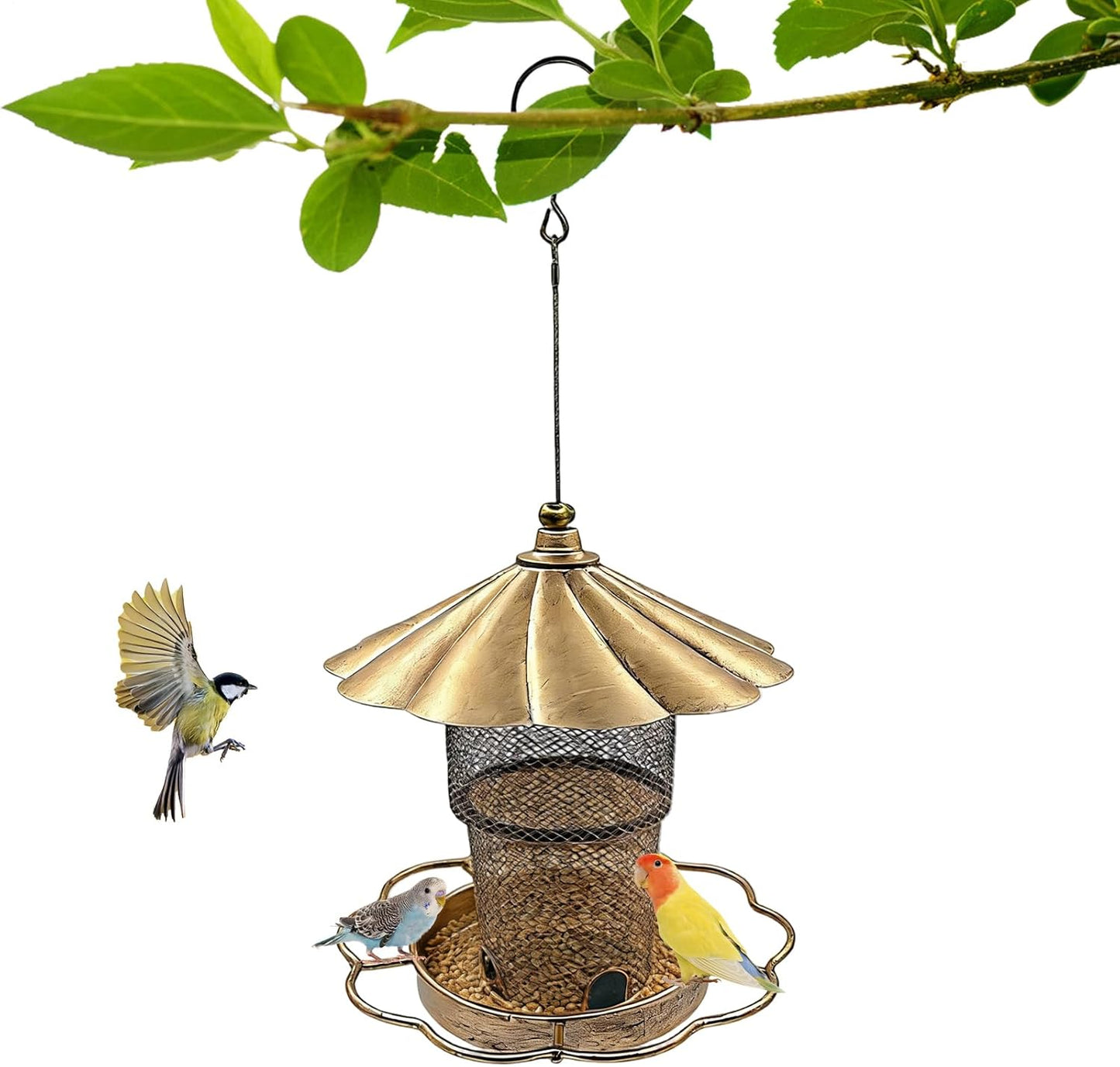 Bird Feeders, Squirrel Proof Metal Station, 8.07x8.07x15.75 inches Capacity Feeder, for Heavy Duty Steel, Hangable Garden Accessory, Roof Covered Design, for Backyard Balcony Patio Use