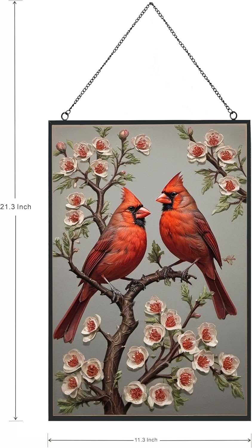 Large Stained Glass Window Hanging, Cardinal Suncatcher, Hand Painted Glass for Bird Lovers - Red Cardinal Memorial Gift for Women (10 x 15in)