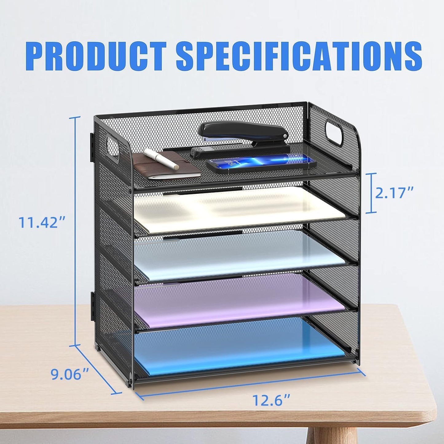 Supeasy 5 Trays Paper Organizer Letter Tray with Handle-Mesh Desk File