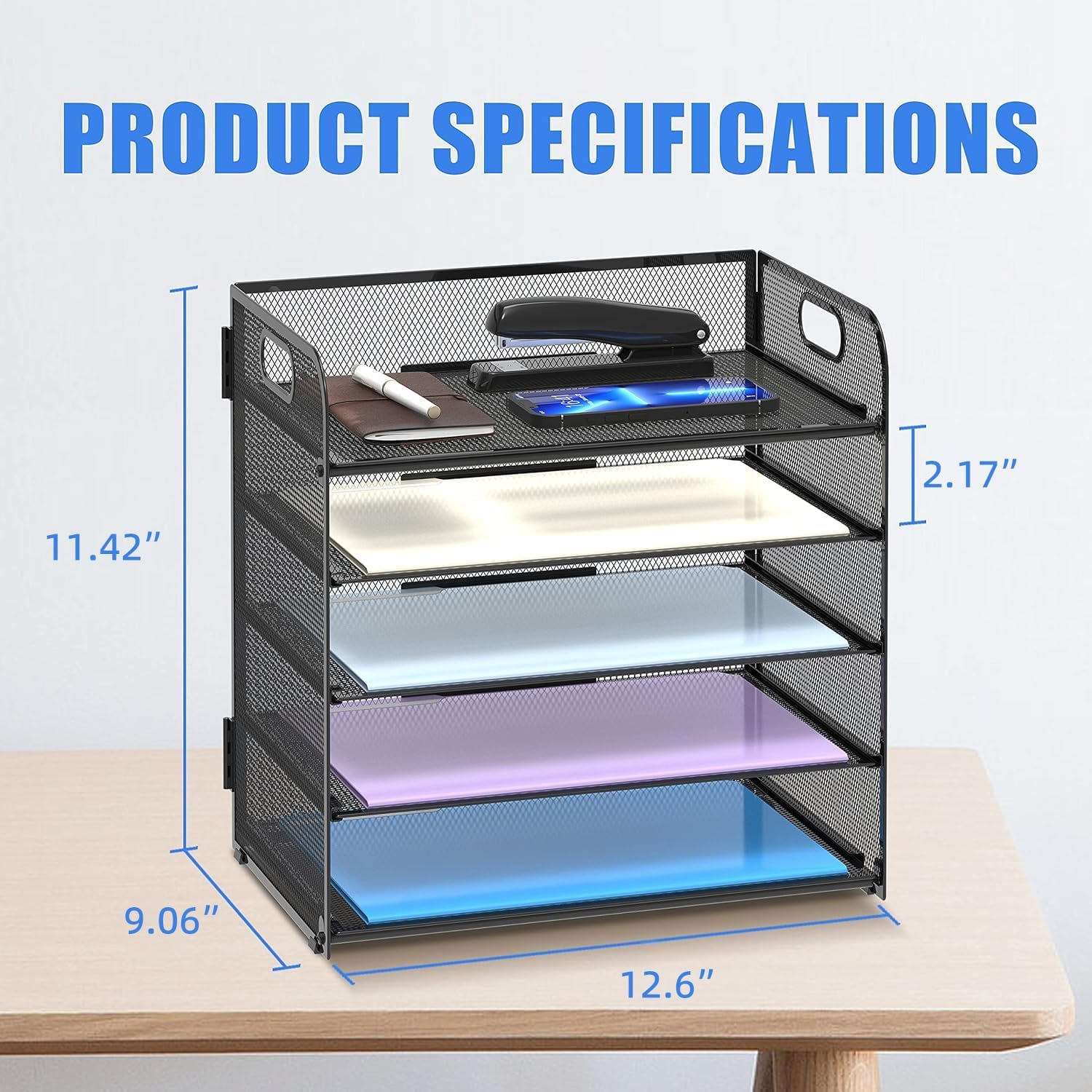 Supeasy 5 Trays Paper Organizer Letter Tray with Handle-Mesh Desk File