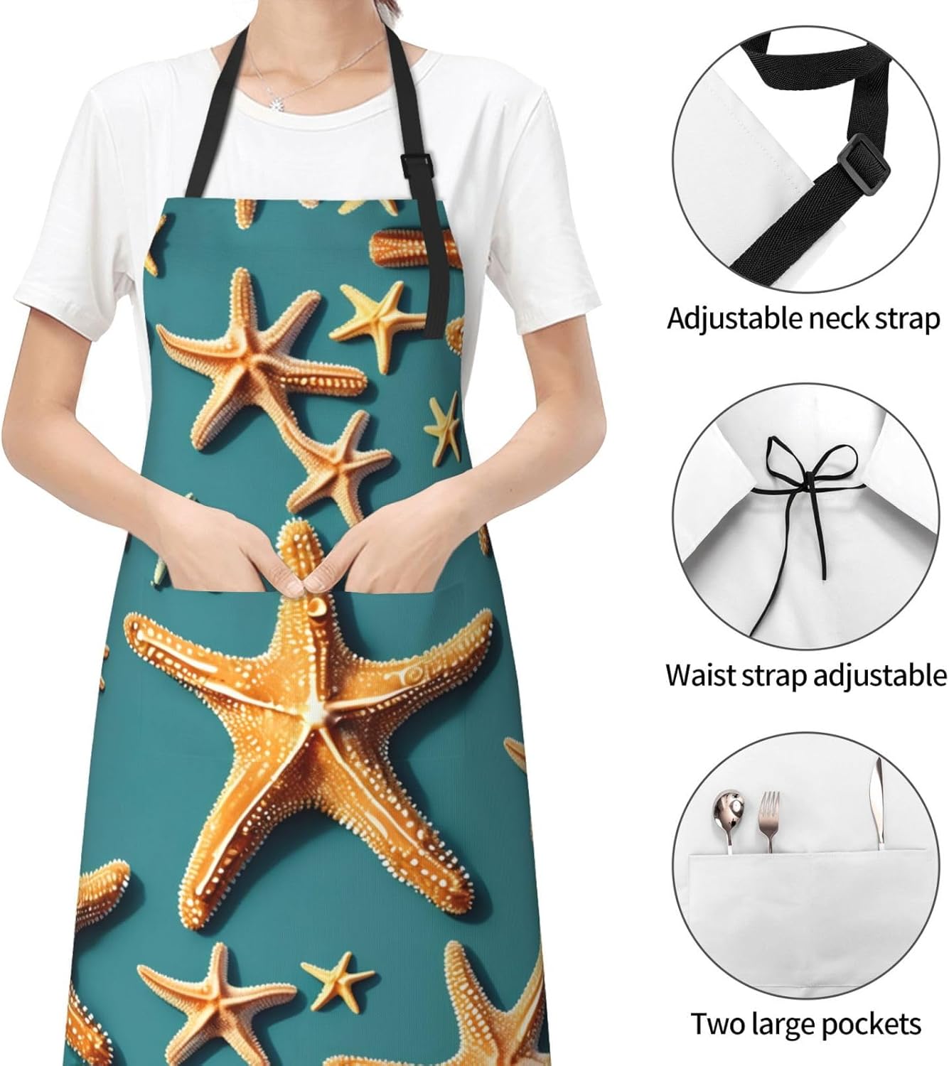 Beach Starfish Print 28x33 In Adult Kitchen Apron with Pockets Versatile Chef Smock for Cooking Baking