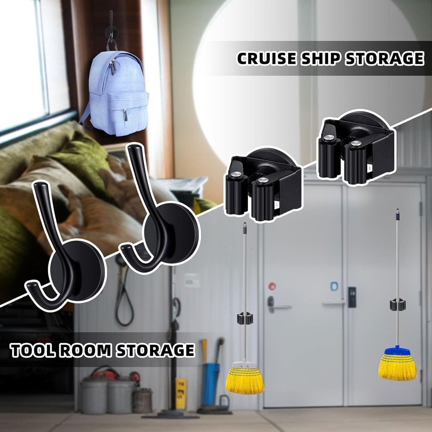 4 Pcs Magnetic Double Hooks Magnetic Coat Hooks Magnetic Mop Broom Holder Movable Magnetic Broom Holder Rack for Garage Kitchen Laundry Garden