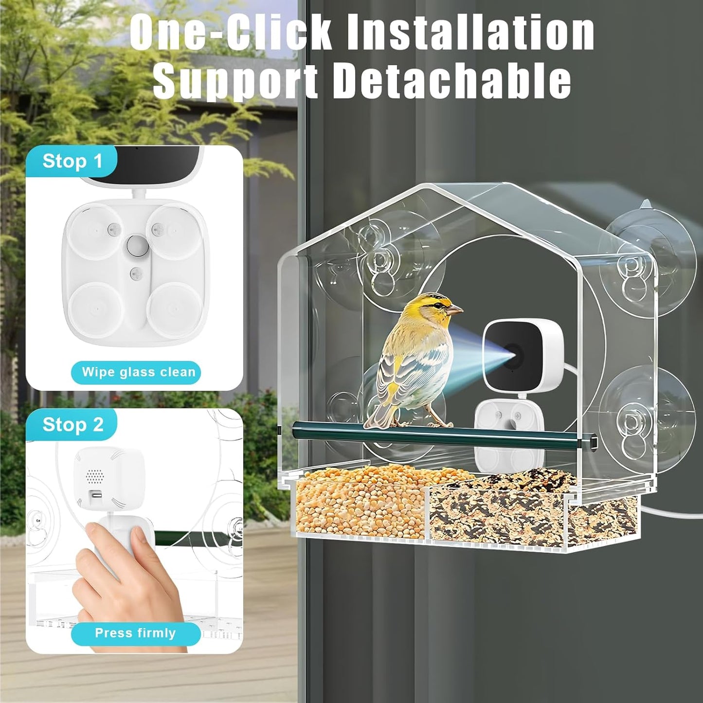 Window Bird Feeder with Camera, Smart Clear Birdfeeder for Outside, 2K HD Live View & AI Bird 10000+, Window Bird House Feeder with 6 Suction Cups