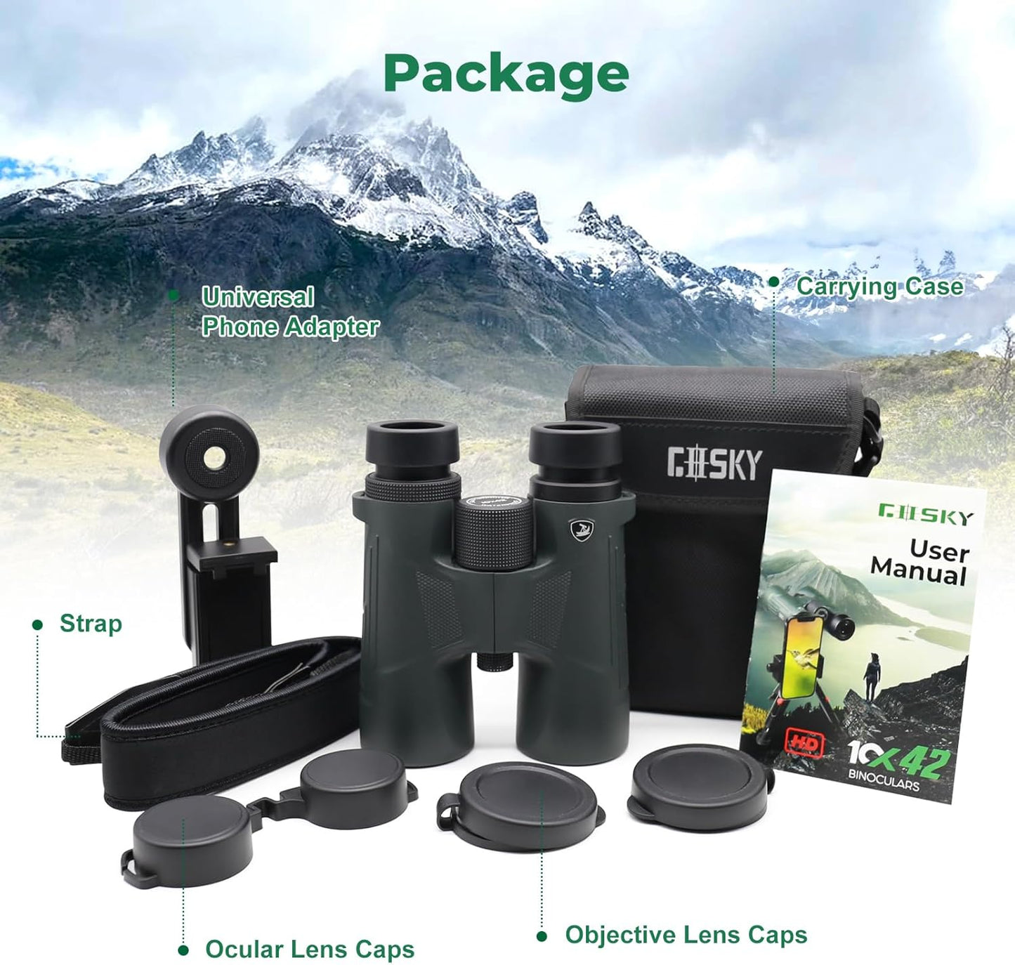 Gosky 10X42 HD Binoculars for Adults with Phone Adapter, High Power Binoculars with BAK4 Prism and FMC Lens, Waterproof Binocular for Bird Watching Hunting Traveling Outdoor Sports