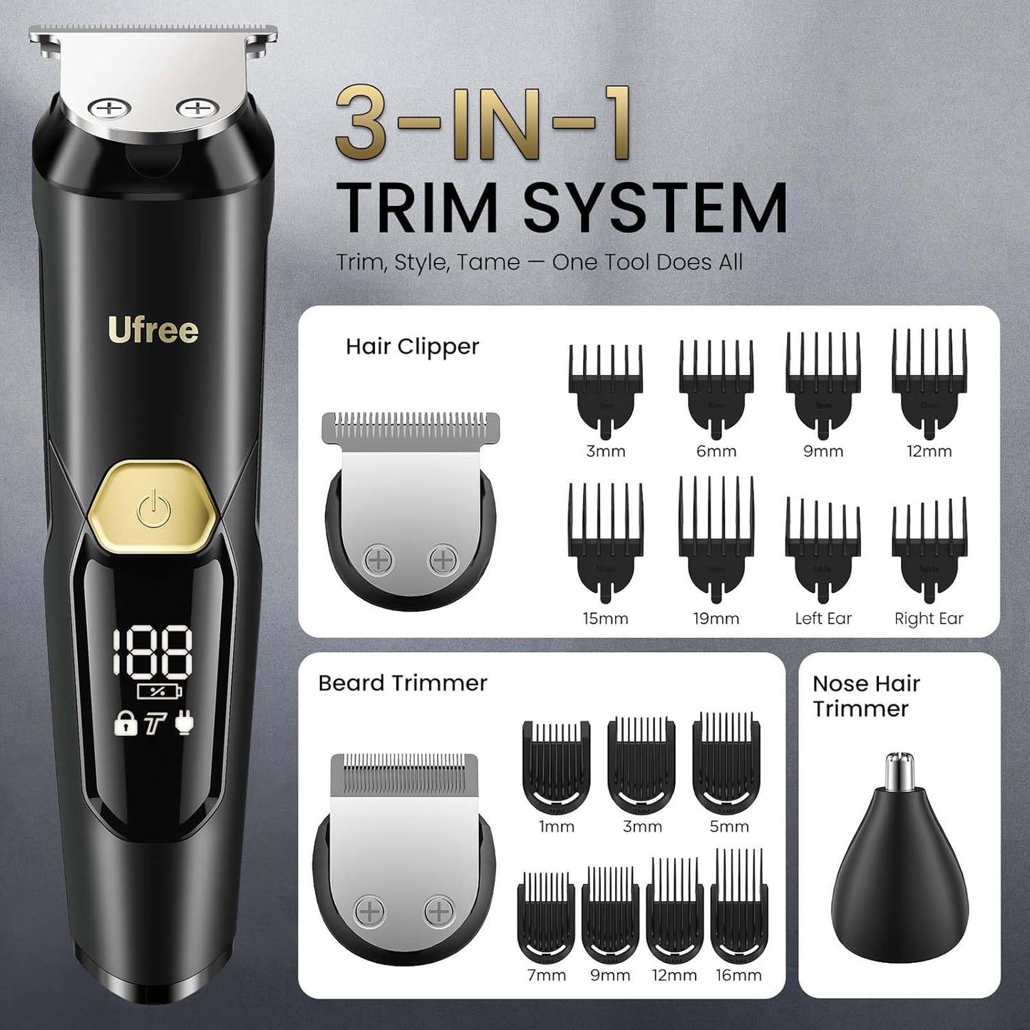 Ufree 3-in-1 Beard Trimmer for Men, Valentine Gifts for Men, IPX6 Wate