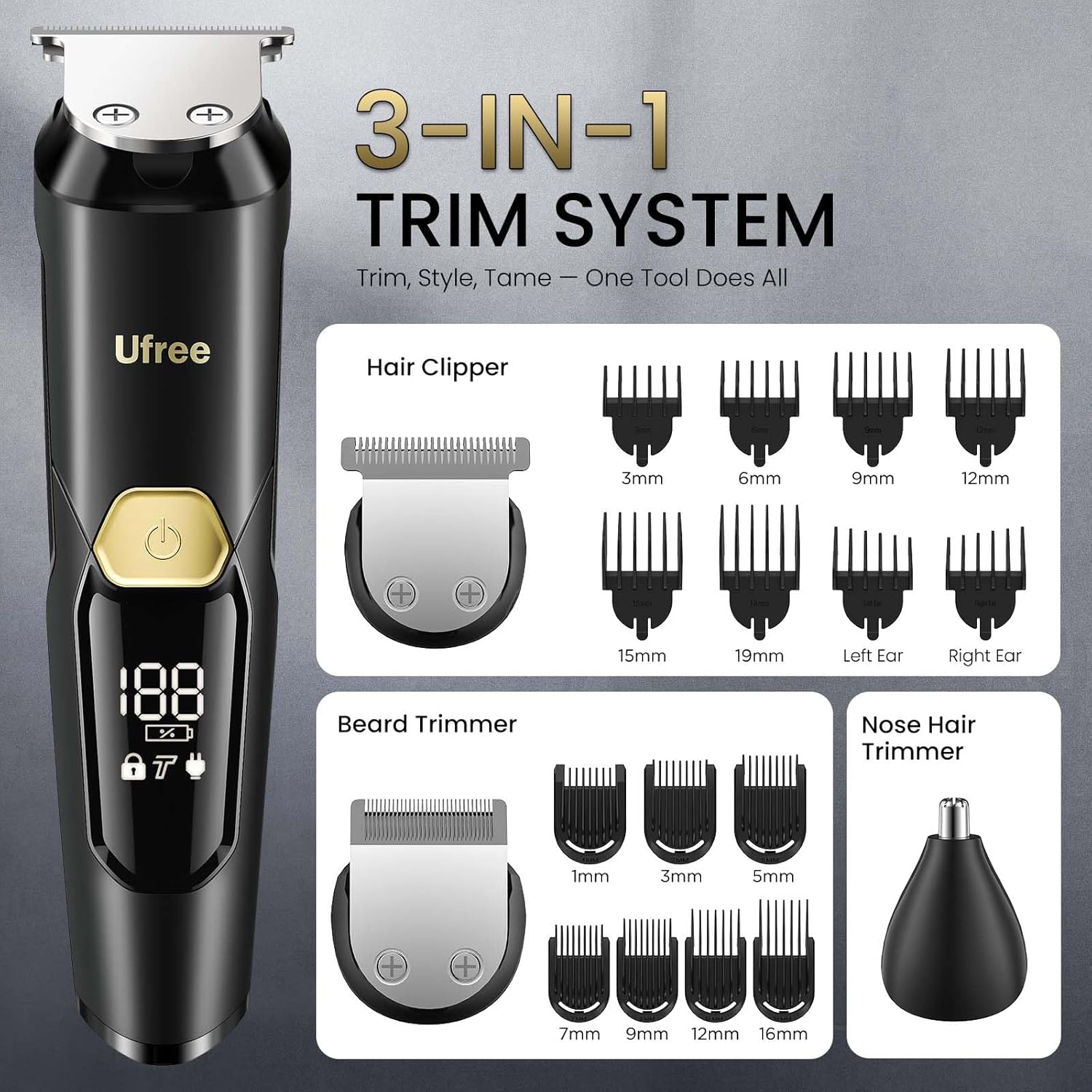 Ufree 3-in-1 Beard Trimmer for Men, Valentine Gifts for Men, IPX6 Wate