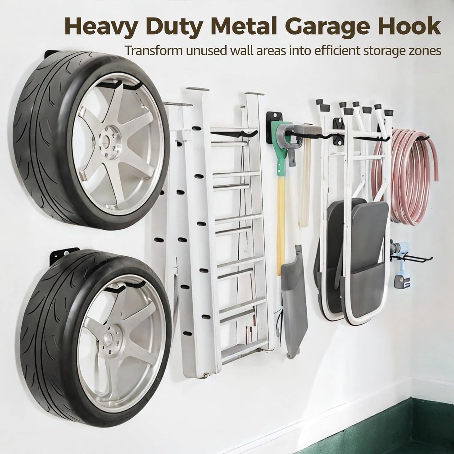 OMISTAR 4 PCS Heavy Duty Garage Hooks, 12.2 in Wall Mount Long Hangers with Non-Slip Coating, Strong Metal Hooks for Chairs, Power Tools, Garden Tools, Ladders, Tires, Garage Organization