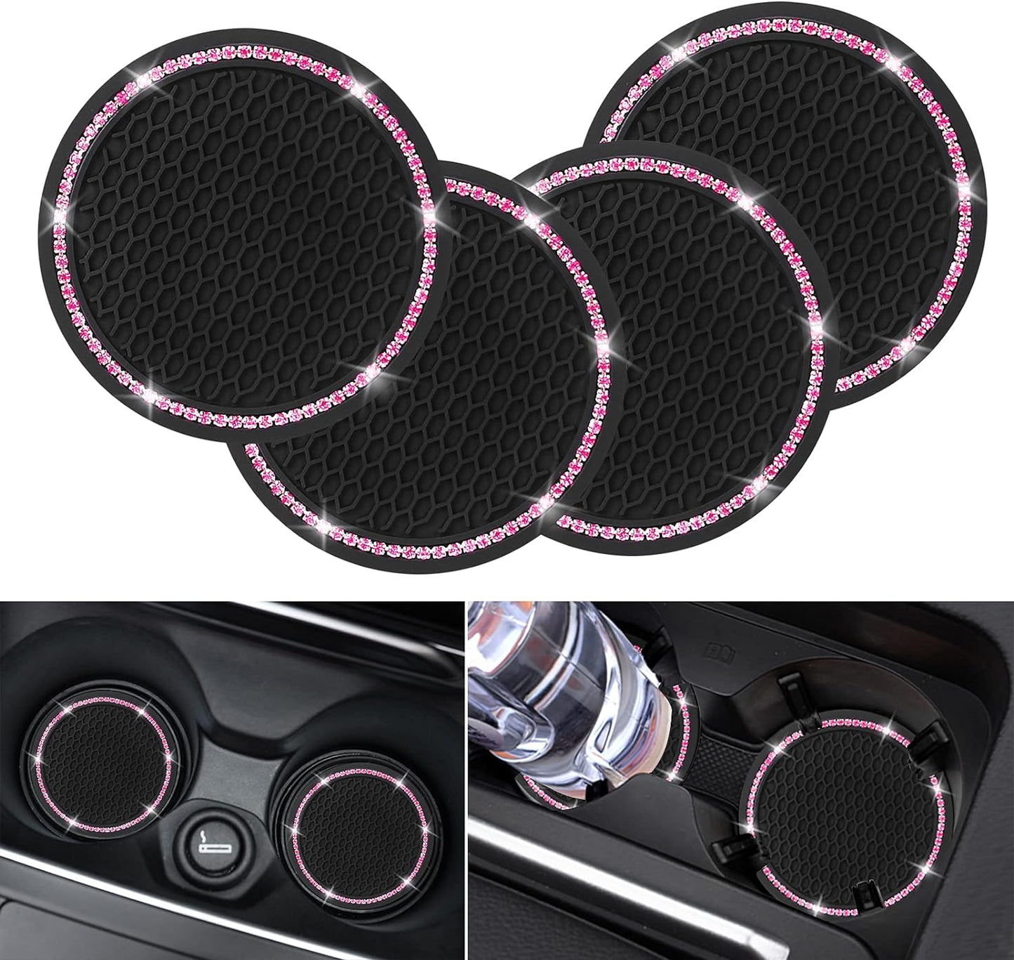 4 Pack Car Coasters, Universal Vehicle Bling Car Coaster, Cute Rhinestone Coaster for Cup Holders,Interior Accessories 2.75'' Silicone Anti Slip Car Coasters for Women (Pink Crystal Circle)