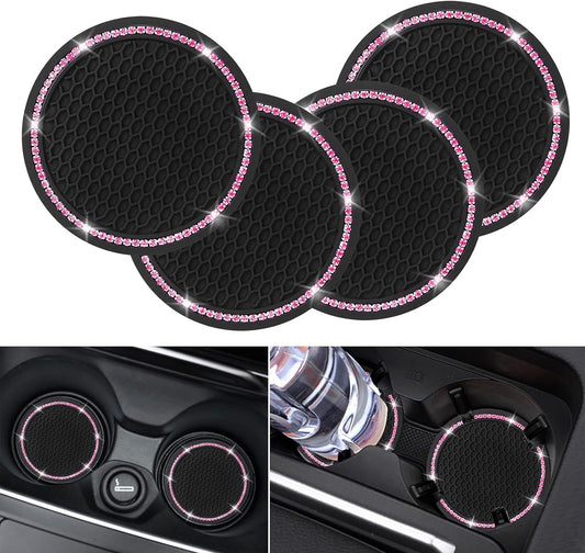 4 Pack Car Coasters, Universal Vehicle Bling Car Coaster, Cute Rhinestone Coaster for Cup Holders,Interior Accessories 2.75'' Silicone Anti Slip Car Coasters for Women (Pink Crystal Circle)
