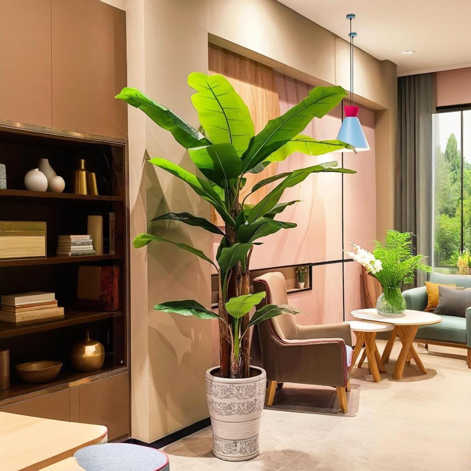 Artificial Scindapsus Aureus Plant Indoor Fake Tree with White Tall Pl