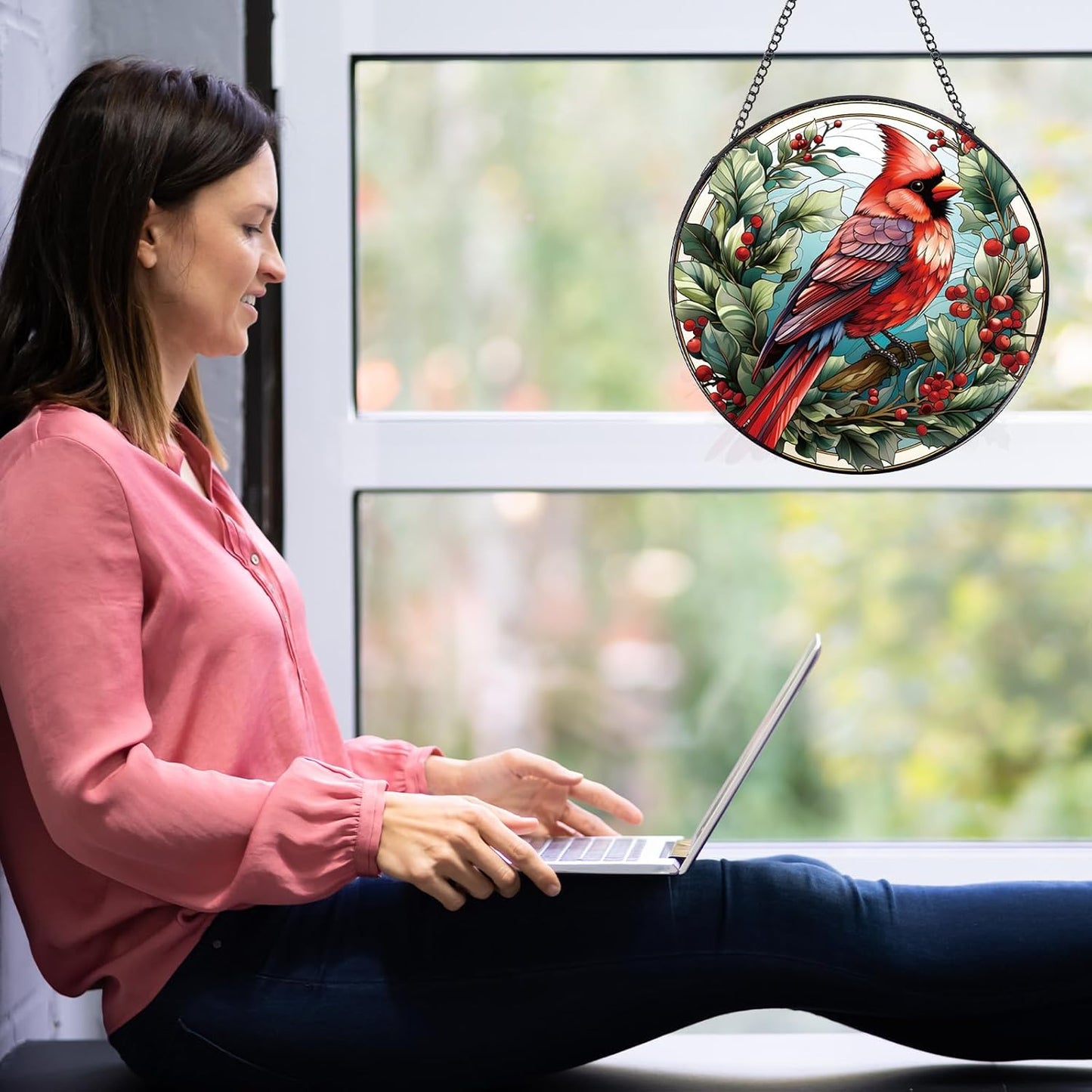 Cardinal Stained Glass Window Hanging Decor, 7.8″ Sun Catchers Stain Glass Window Hanging Indoor, Bird Suncatcher Home Wall Art Gift for Thanksgiving Christmas Housewarming