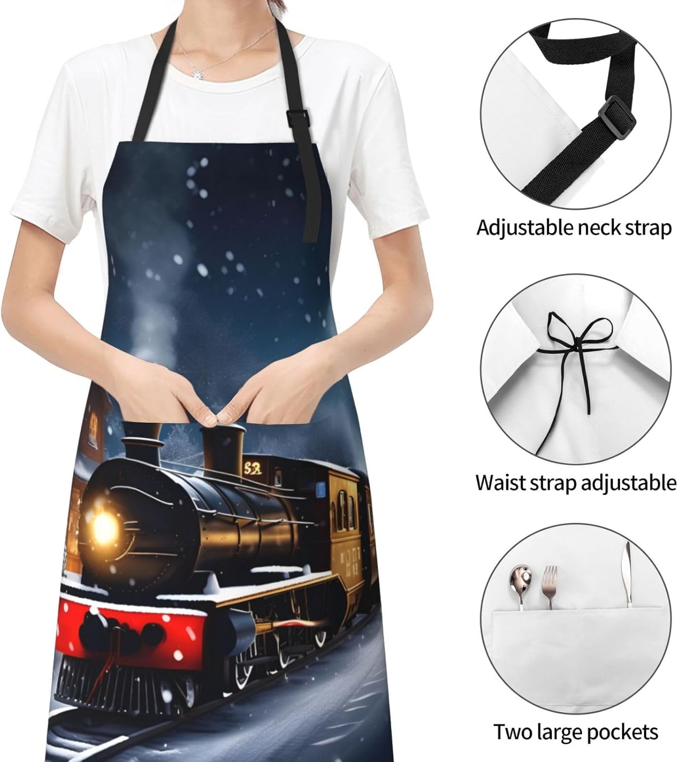 Winter Christmas Snow Night Railway Train print Waterproof apron with pocket adjustable cooking apron for adult kitchen bibs to bake