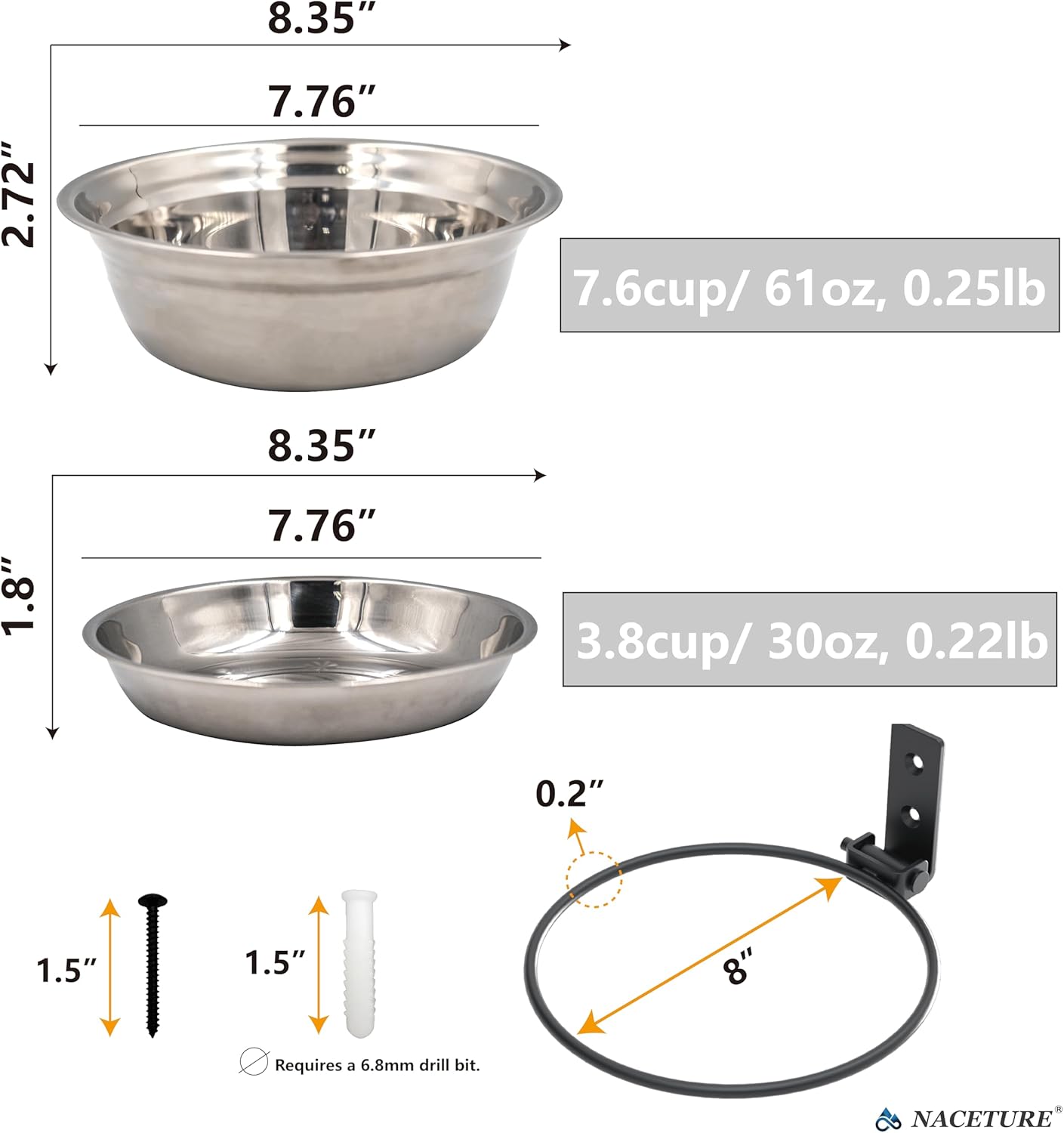 2 Pack 8 Inch Bird Feeders and Squirrel Feeder Outside Hanging Tree Mounted Bird Feeding Station with Water Bowl for Wall Mounted, Stainless Steel Bowl for Outdoor Fence, Deck
