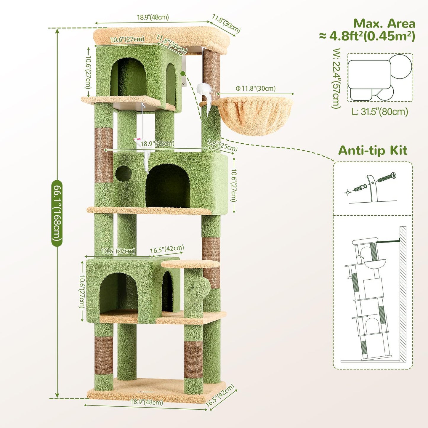 Globlazer Corner Cactus Cat Tree 66 inch Multi-Level Cactus Climbing T