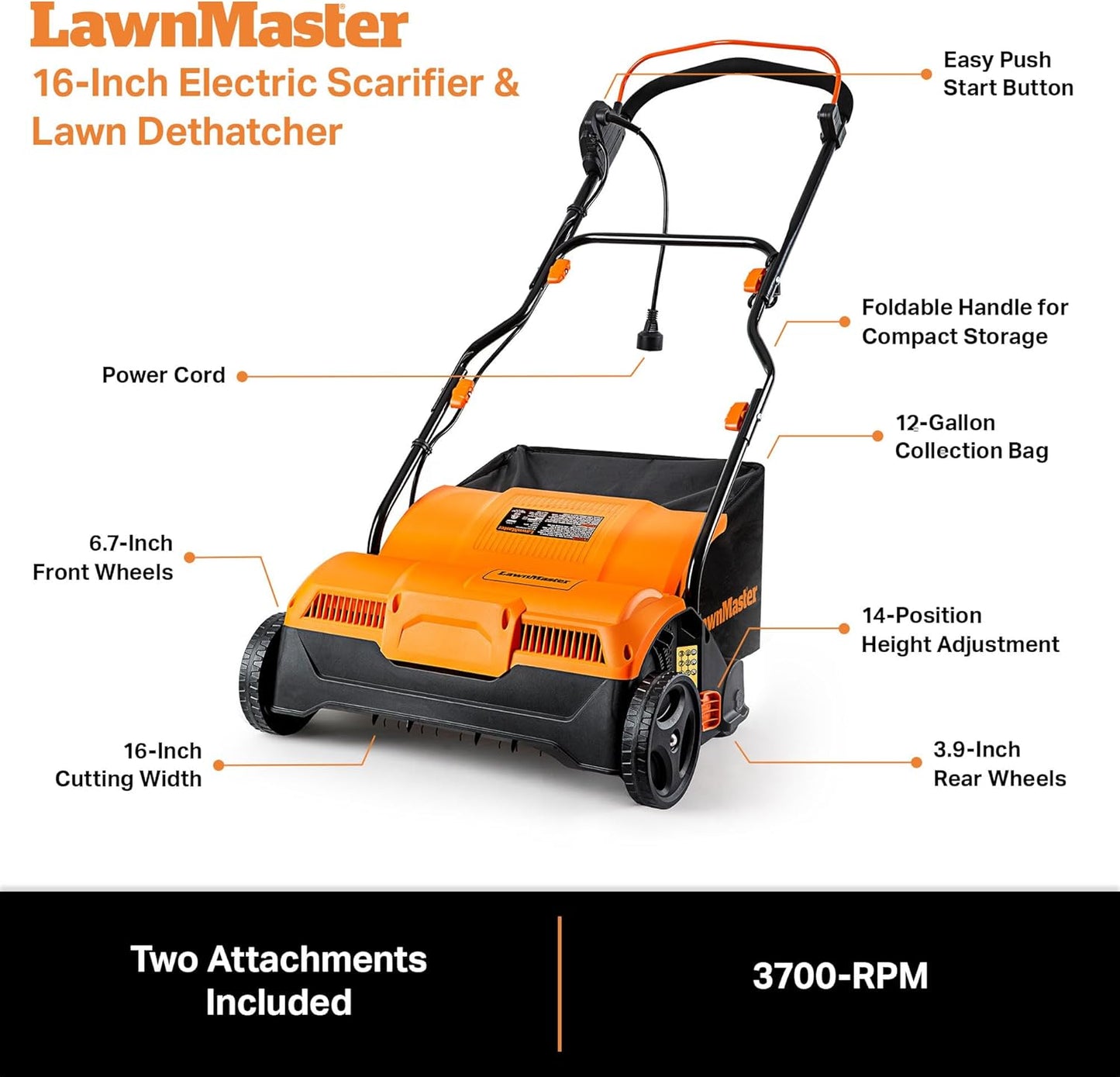 LawnMaster GVB1316 Electric 16” 13 Amp Dethatcher and Scarifier with 1