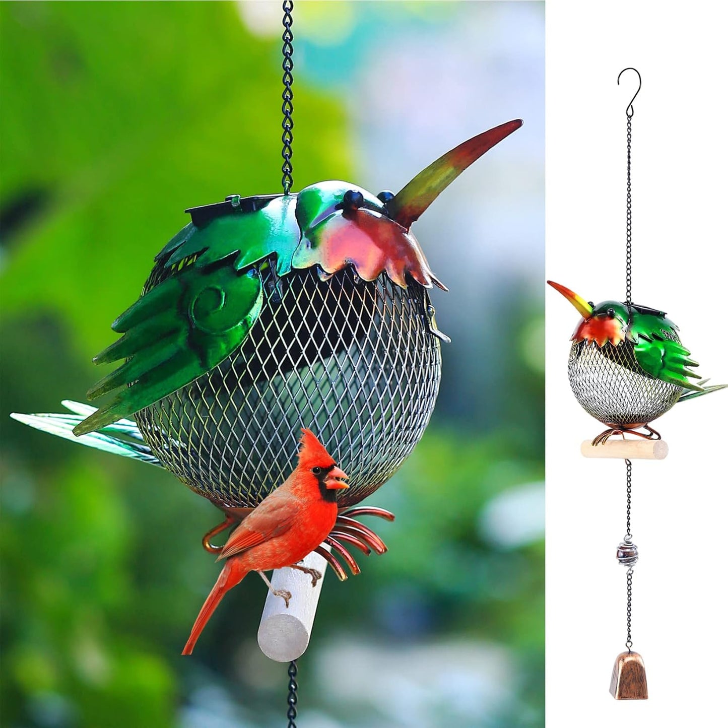 Solar Wild Bird Feeder Squirrel Proof for Outside - Unique Cute Metal Animal Shaped Bird Feeder with Solar Light, Wind Chime, Gift for Bird Lovers(Hummingbird)