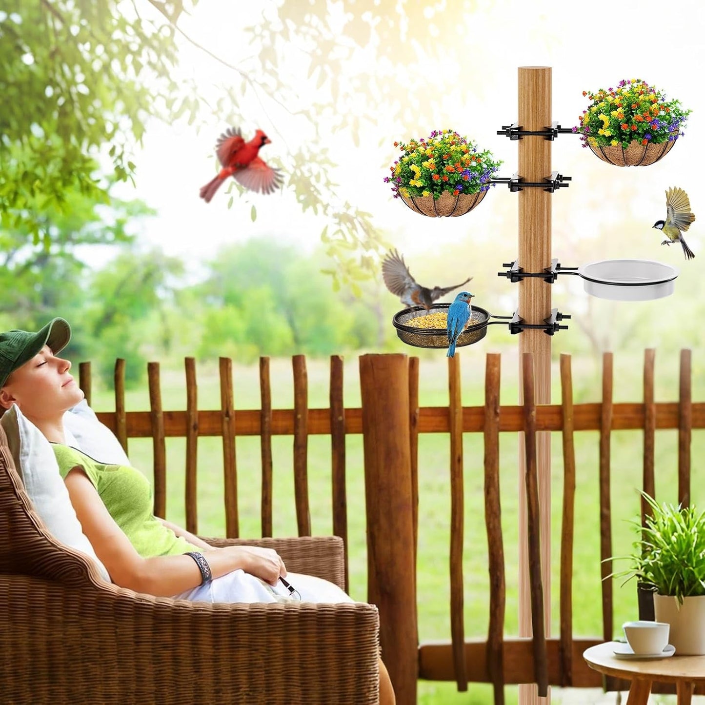 2 Pack Bird Feeder for Railing Pole, Bird Bath Feeding Station Kit with Water Bowl & Mesh Food Tray, Birdbaths & Birdfeeder Installed on Fences, Trees, Deck, Indoor and Outdoor