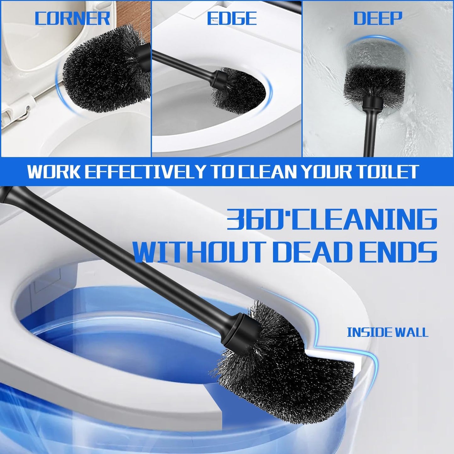 2 Pack Toilet Brush and Holder Set, Long Handle, Non-Slip Grip, Nylon Bristles, Deep Cleaning for Bathroom, Toilet Scrubber- Black