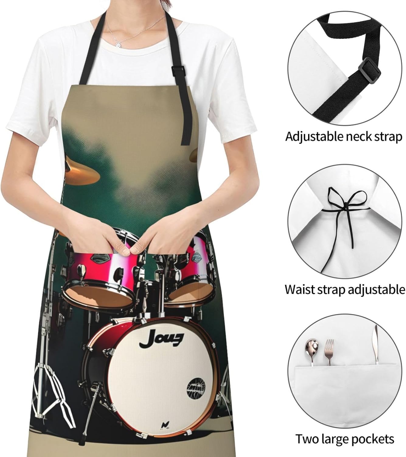 Jazz drum print Waterproof chef's apron with pocket apron for kitchen cooking baking barbecue and gardening