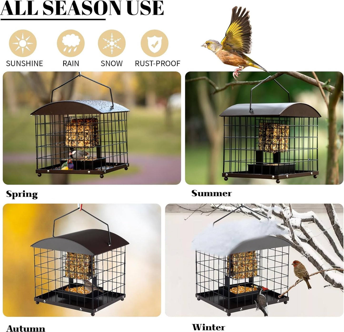 Caged Suet Feeders Squirrel-Proof, Dual-Purpose Suet &Seed Wild Bird Feeders with Tray, Huge Metal Caged Bird Feeders Outdoors Hanging, 2 Suet Cakes+1lb Seed Capacity, Copper