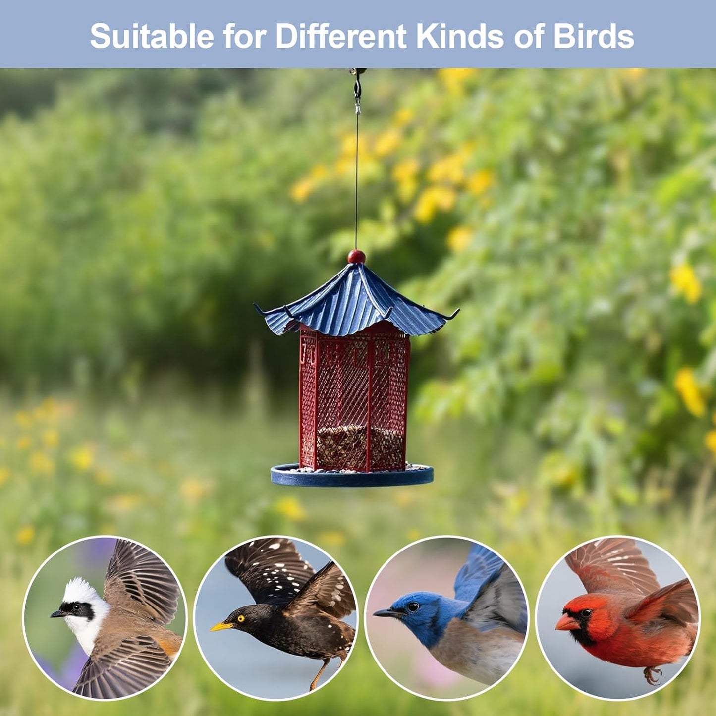 Chinese Style Metal Bird Feeder, Vintage Hanging Caged Bird Feeders for Outdoors, Garden Décor, for Patio, Balcony, and Yard, Large Capacity for Wild Birds, Hummingbird Feeder with Roof&Tray