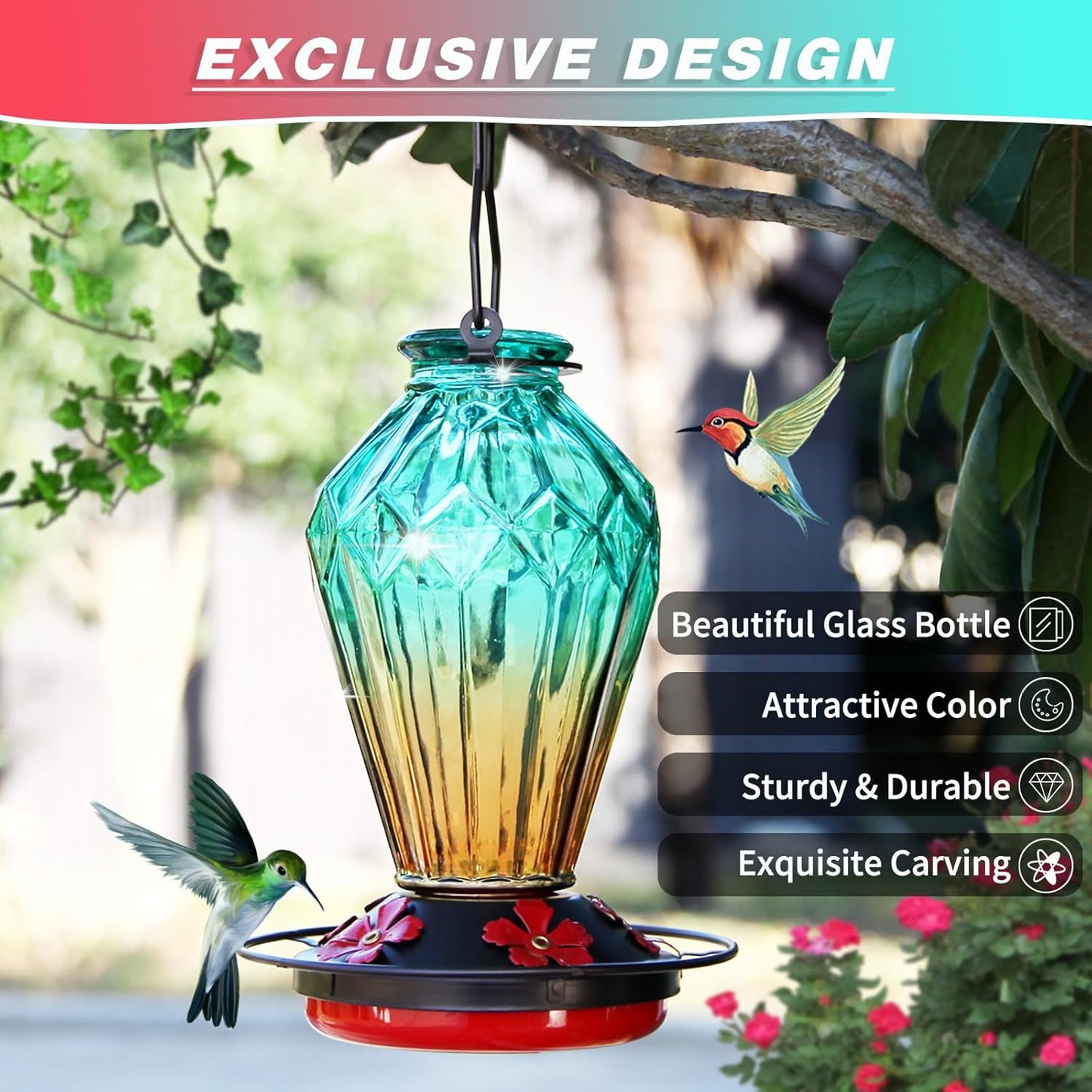 Glass Hummingbird Feeder for Outdoors Hanging, 25Oz Humming Bird Necta