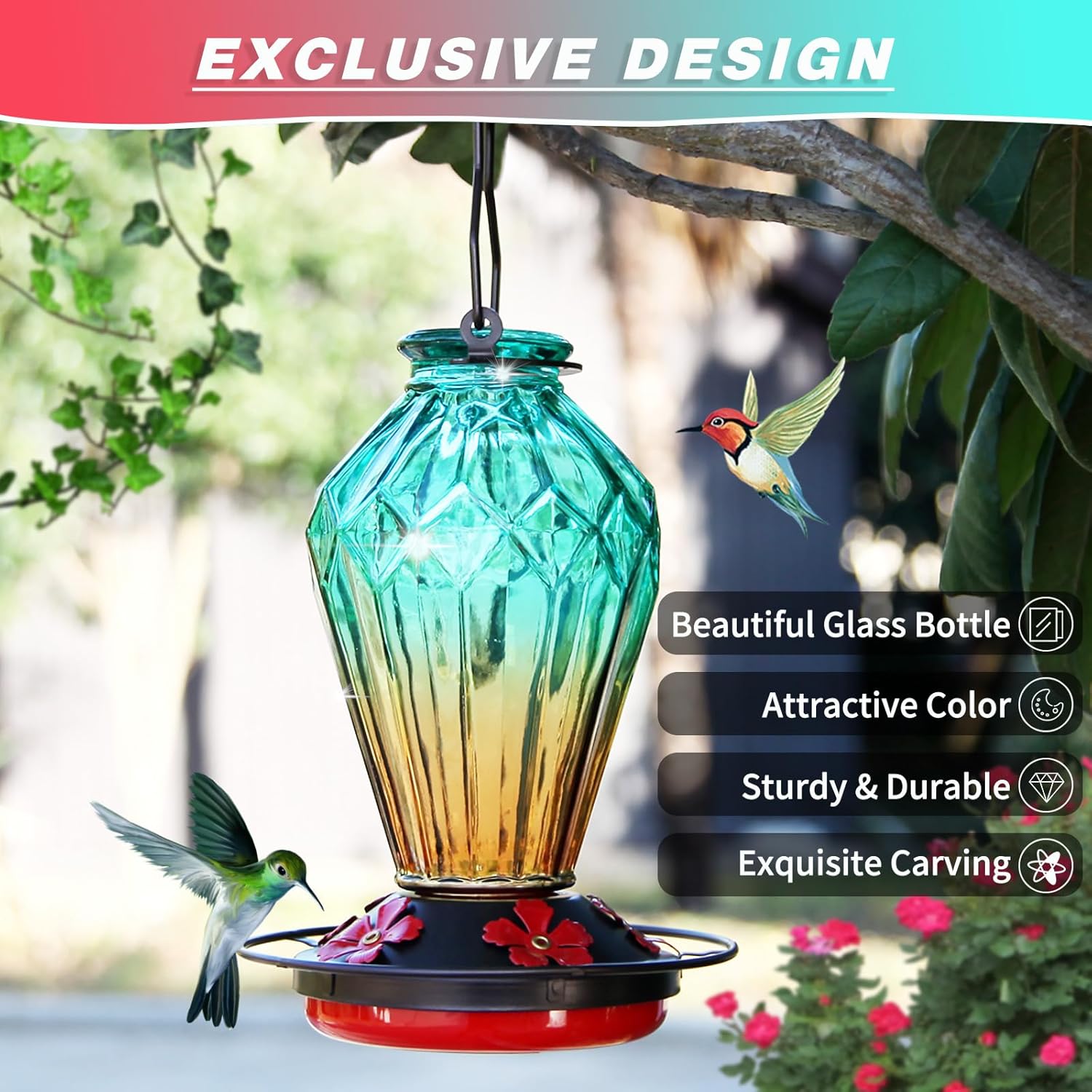 Glass Hummingbird Feeder for Outdoors Hanging, 25Oz Humming Bird Necta