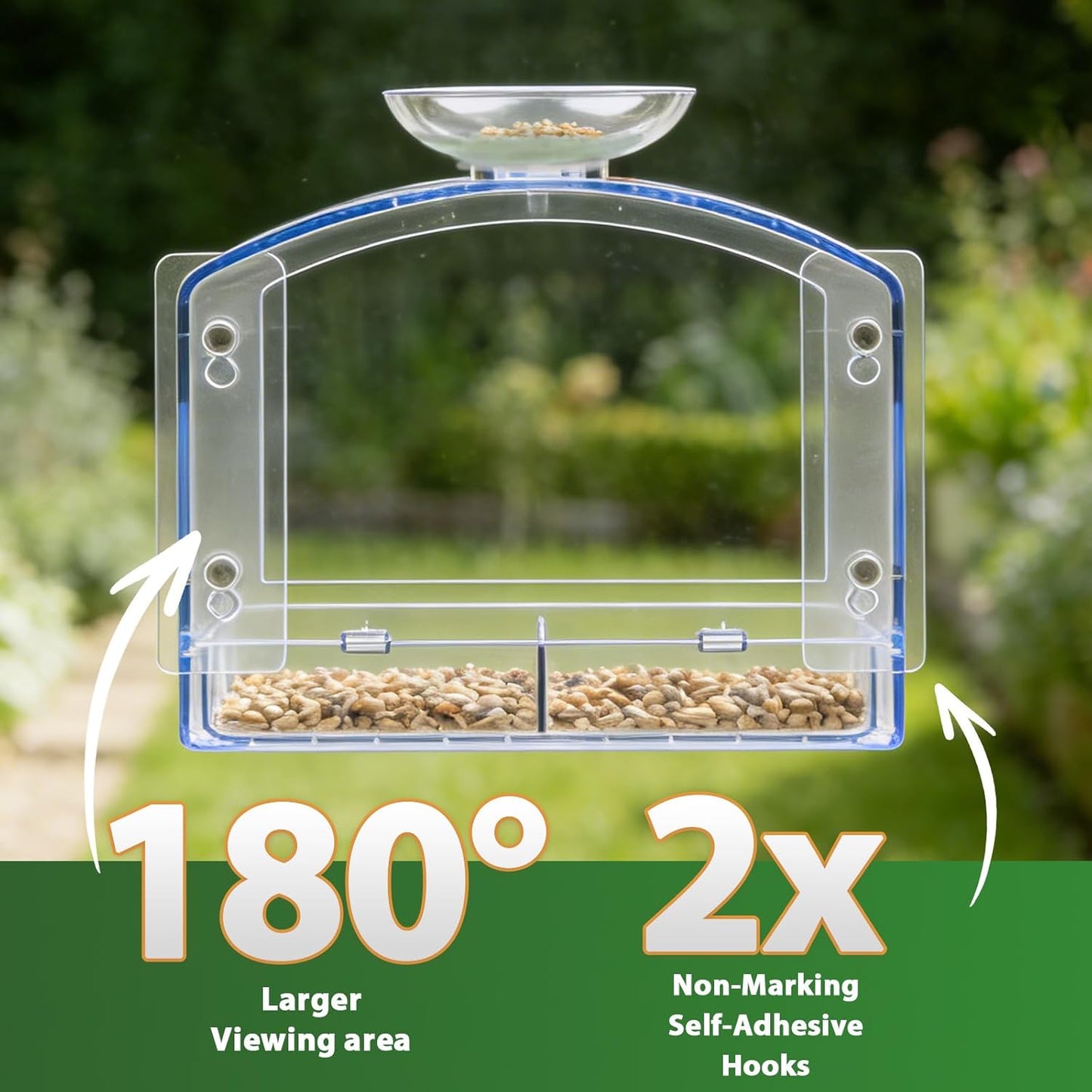 Large Window Bird Feeders Outside with 2 Non-Marking Self-Adhesive Hooks - Wild Bird Watching Outdoor Transparent - Unique Gifts for Garden Yard Elderly Viewing(with a Brush, Easy to Clean)