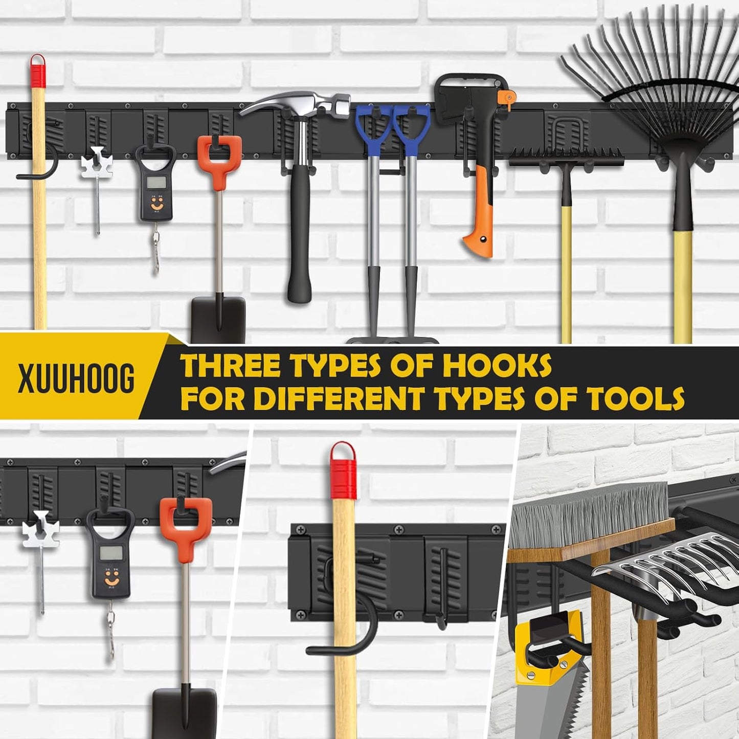 48-inch Garage Tool Organizer Wall Mount with Storage Shelves - Heavy Duty Adjustable Steel Hooks & Tracks for Power Tools, Garden Tools, Broom Holder - 350 lbs Capacity Rust Resistant 7 Hooks