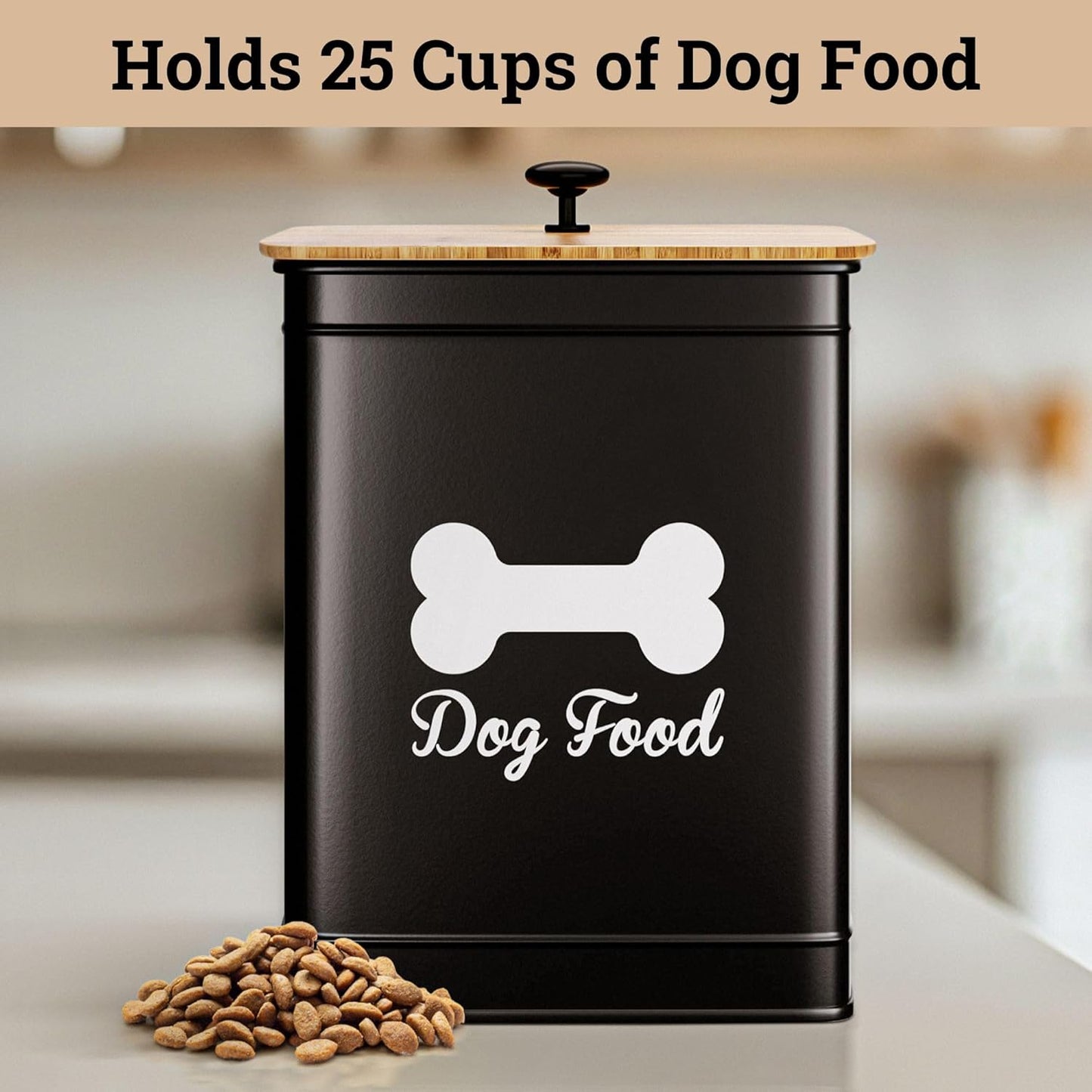 Dog Food Container Airtight 5-7 lb (25 Cup) Capacity - Cute Airtight Dog Food Storage Container with Bamboo Lid & Sturdy Metal Handle - Black Metal Kibble Storage Bin for Dogs up to 50 lbs - Pet Jar