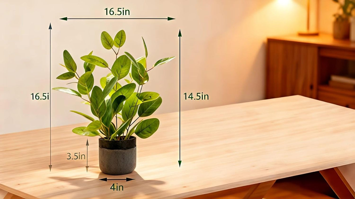 Fake Ficus Plants 14.5 Inches Tall Artificial Ficus Indoor Plants with Green Lifelike Leaves in Black Gray Pot for Home House Outdoor Decor Porch Pots Planter Decorations