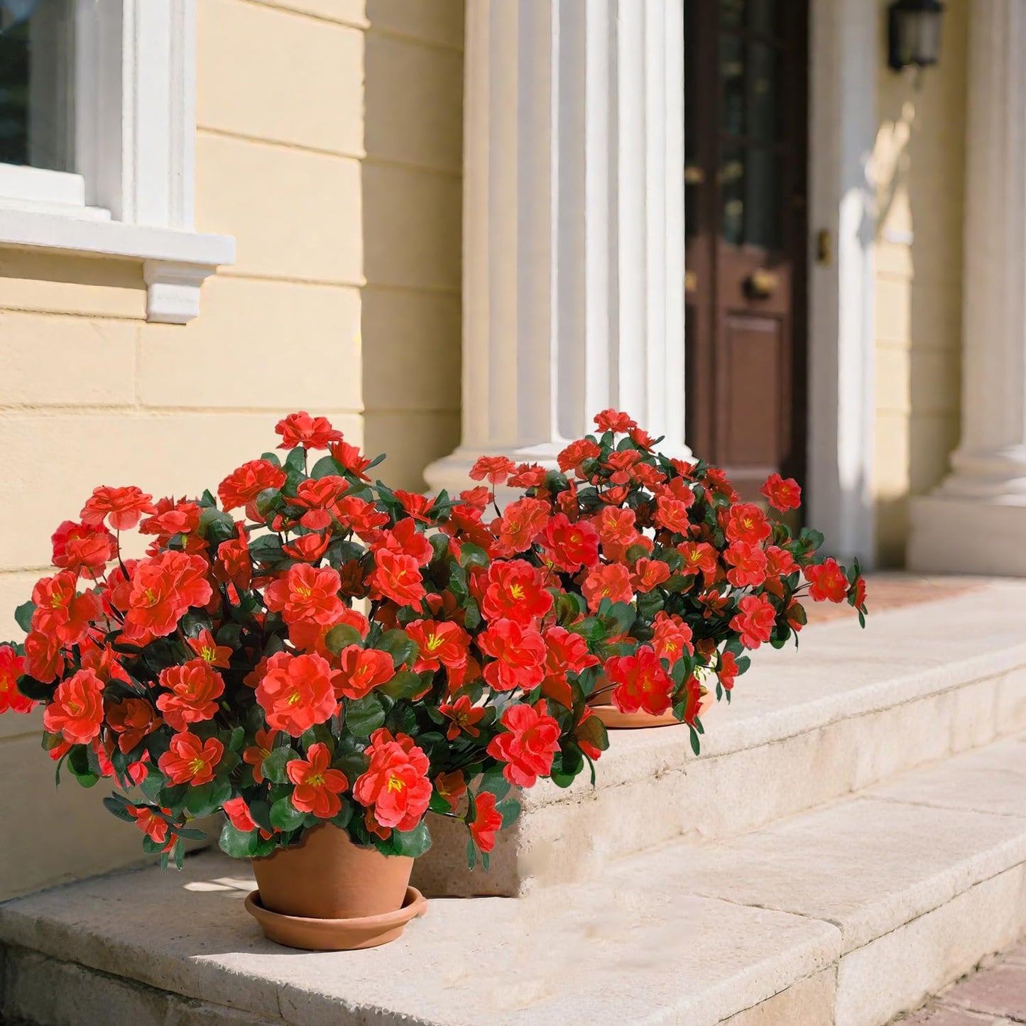 6 Bundles Artificial Flowers for Outdoors UV Resistant Faux Silk Camellia Red Flowers for Planter Front Door Porch Patio Home Garden Balcony Decoration