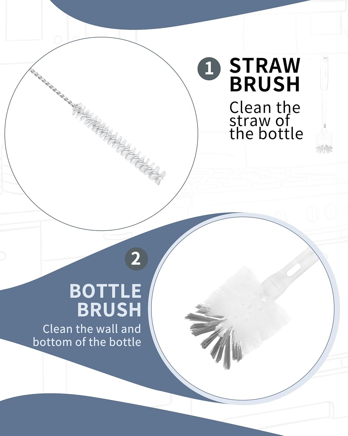 2 in 1 Long Handle Bottle Brush with Straw Brush for Cleaning Glass, S