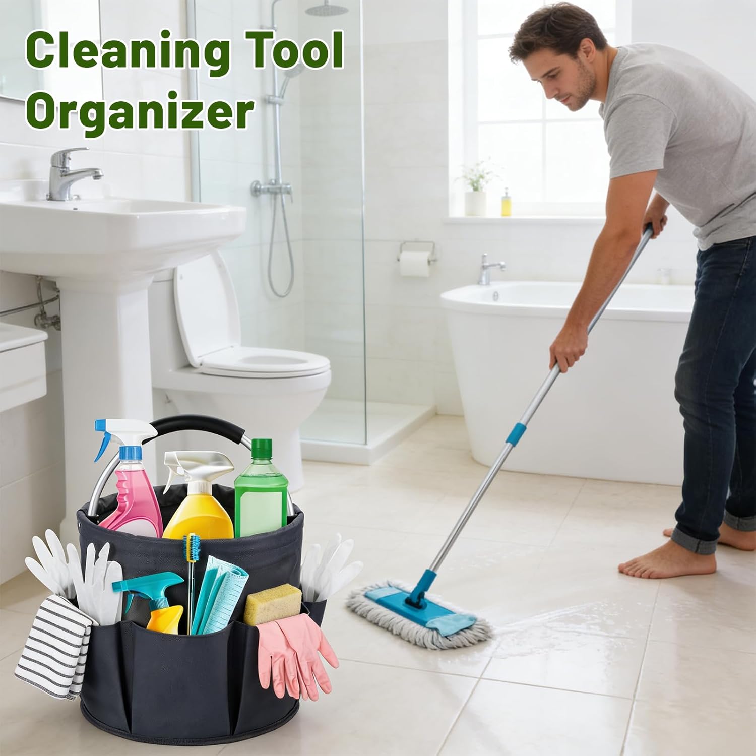 17L Foldable Cleaning Caddy with Handle - Portable Oxford Fabric Stora