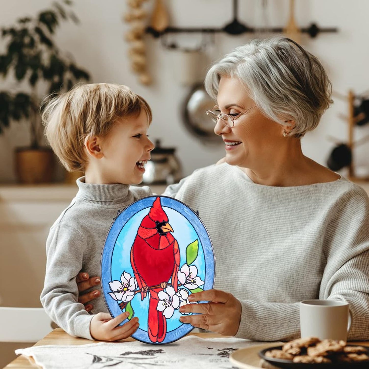 MUMTOP Stained Glass Window Hanging - 2 Pack Cardinal Suncatcher Hanging Ornaments Wall Art, Hand-Painted Glass Panel Home Decor for Grandma Gift Idea