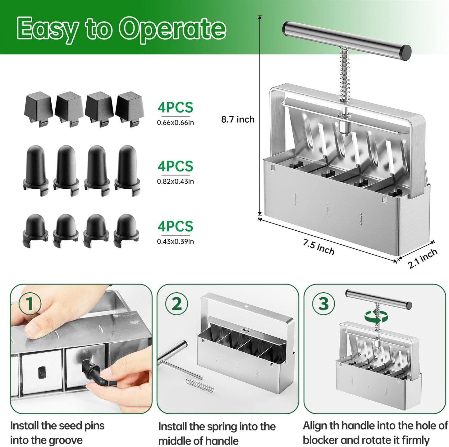 Soil Blocker, 4 Cell Soil Block Maker 2 Inch with 3 Sizes Seed Pins, S