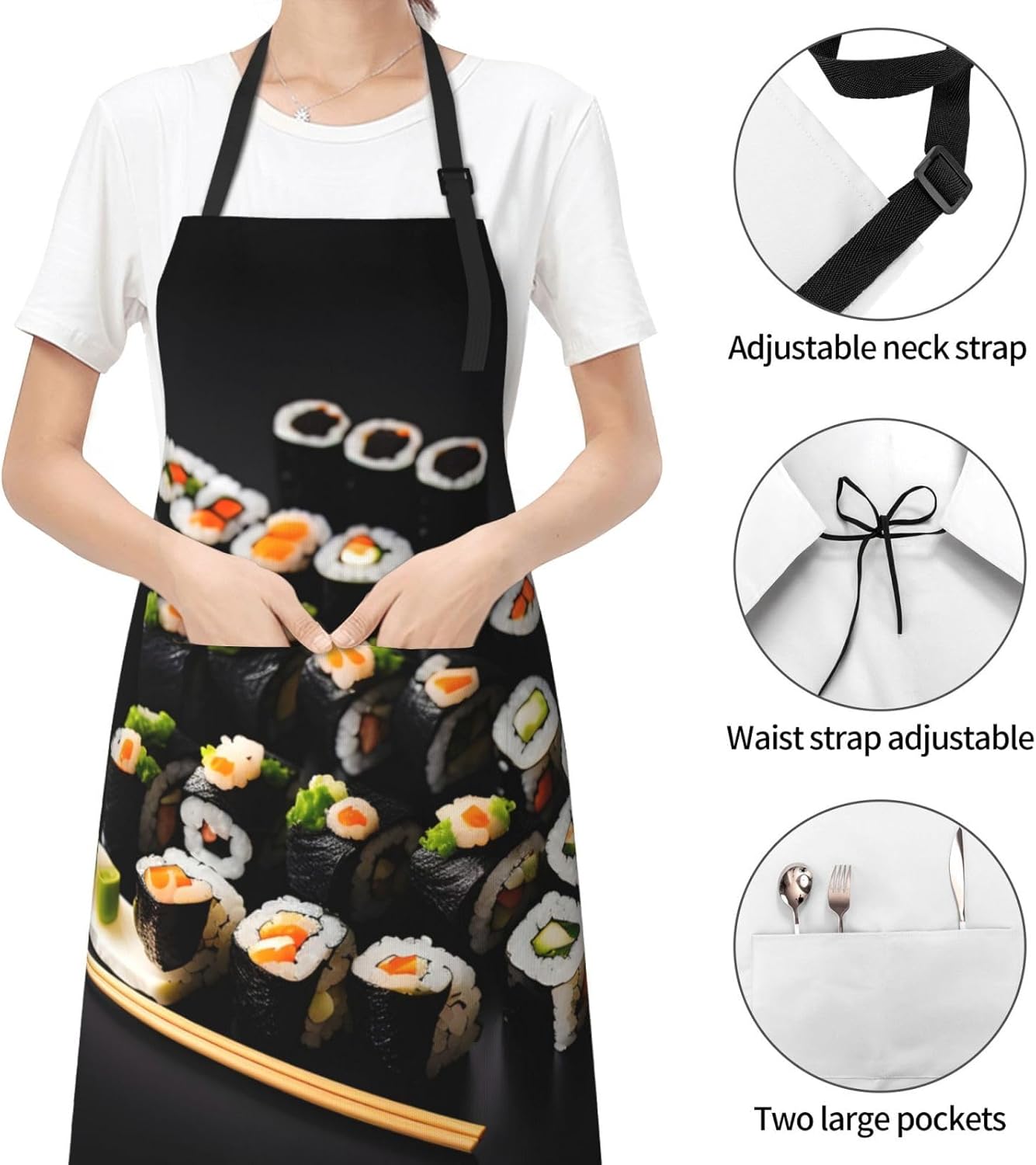 Japanese Sushi Black print Waterproof apron with pocket adjustable cooking apron for adult kitchen bibs to bake