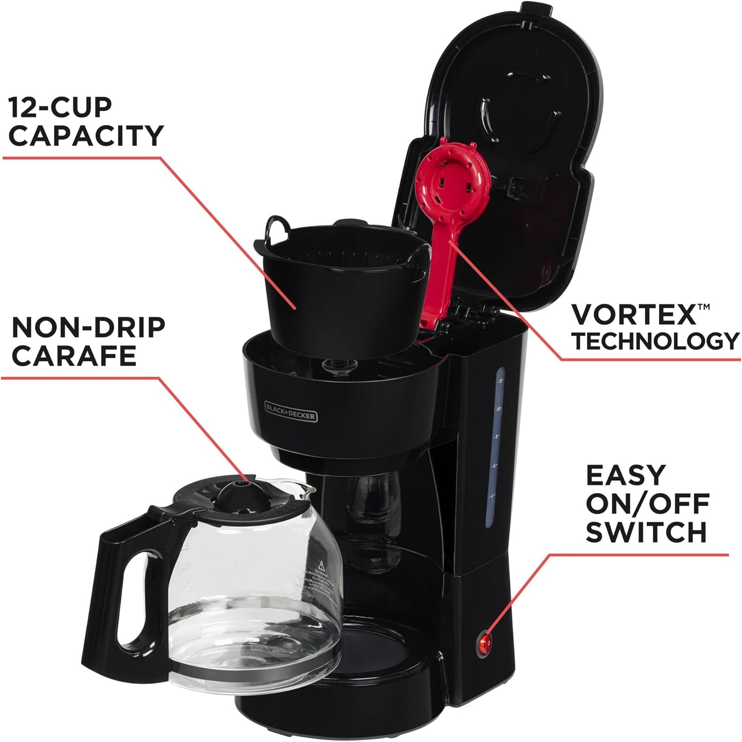 BLACK+DECKER 12-Cup Coffee Maker with Easy On/Off Switch, Easy Pour, N