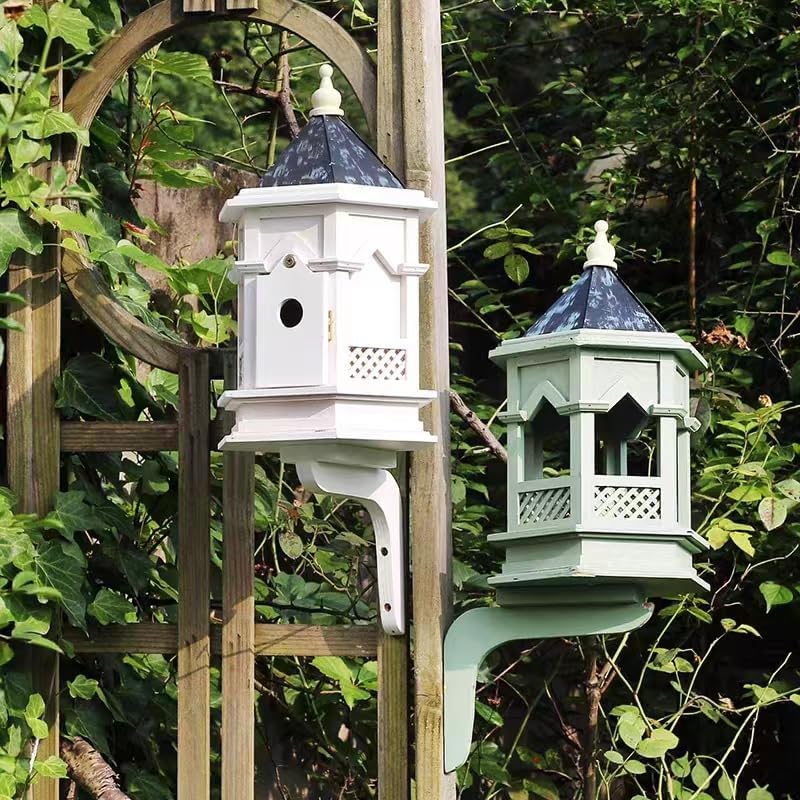 Premium Wood Gazebo Bird Feeder for Outside, Gothic Style Rustic Copper Roof Birdfeeder, Longtime Outdoor Weatherability, with Wall Mount Bracket.