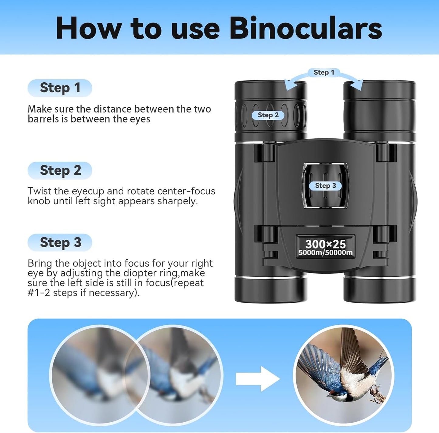 300x25 Binoculars for Adults and Kids, High Powered Mini Pocket Binoculars with Phone Adapter, Waterproof Compact Telescope for Bird Watching, Concert, Theater, Opera, Traveling, Sightseeing