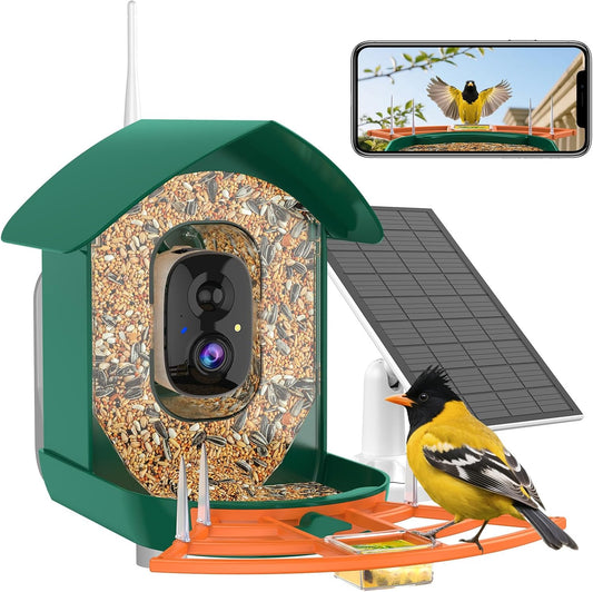 Bird Feeder with Camera,WiFi Smart Bird House with Cam Solar Powered for Outdoor,AI Identify,App Notification,Night Vision,2K Live View,Auto Record Video,Birdwatching Gifts for Family,Birds Lover