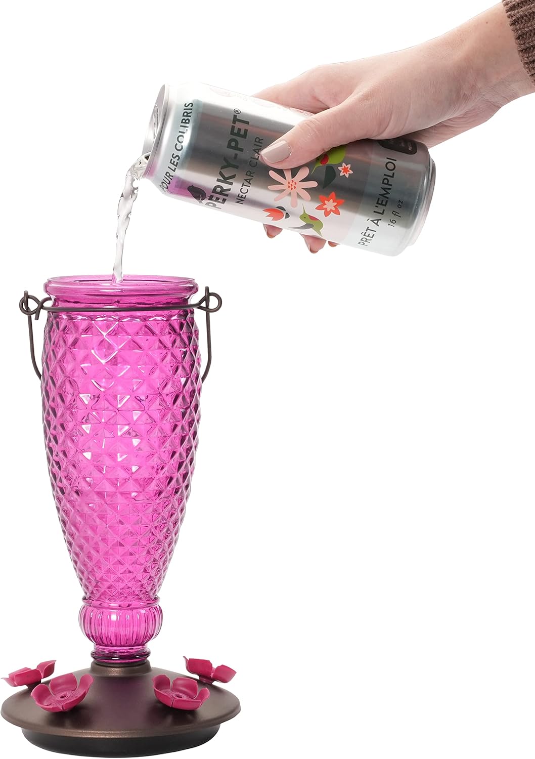 Perky-Pet 9102-1SR Purple Diamond Wine Top Fill Glass Hummingbird Feeder with Built-in Bee Guards - 24 oz+Perky-Pet 522 Ready-to-Use Clear Hummingbird Nectar in 4Cans,16oz Each Recyclable Aluminum Can