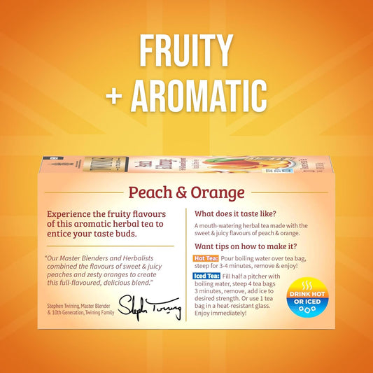 Twinings Peach & Orange Herbal Tea Individually Wrapped Bags, 20 Count (Pack of 1), Juicy & Fruity, Naturally Caffeine-Free, Enjoy Hot or Iced