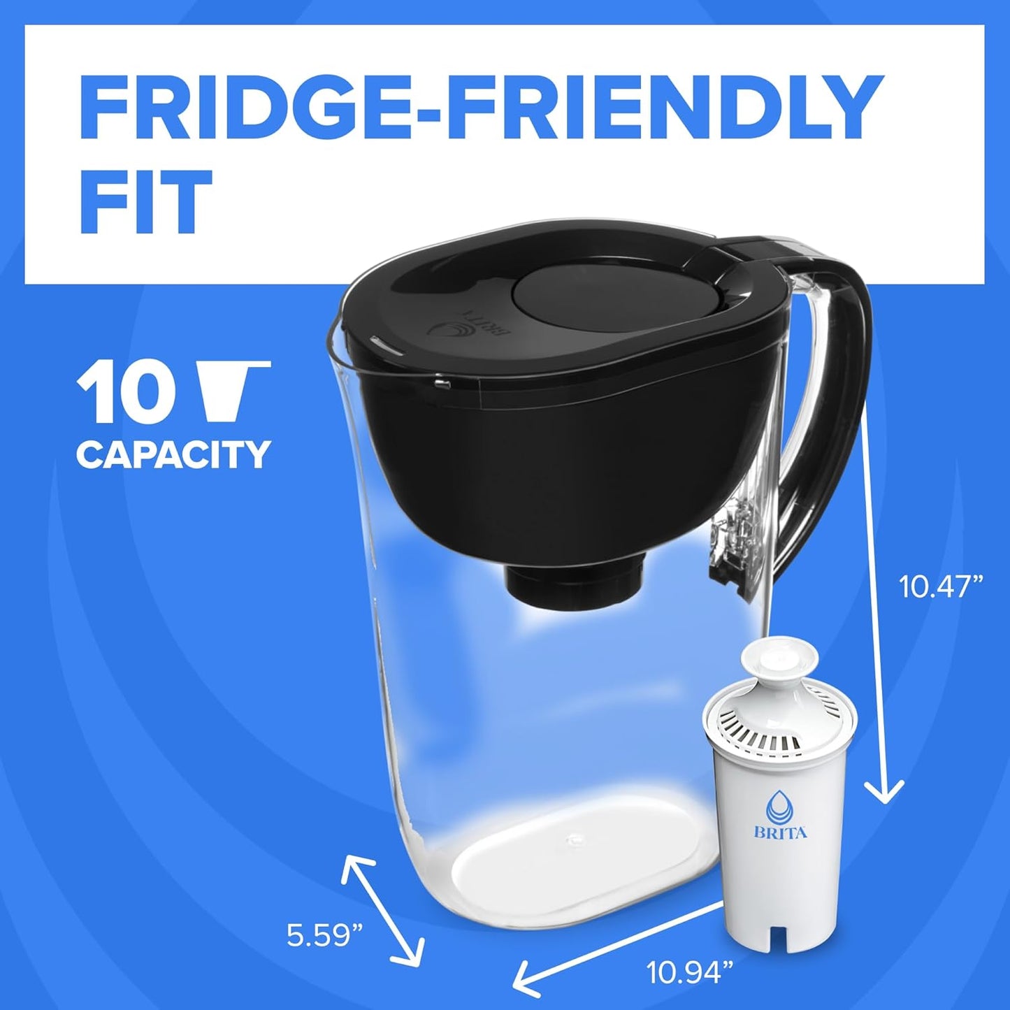 Brita Large Water Filter Pitcher for Tap and Drinking Water with SmartLight Change Indicator, Includes 1 Standard Filter, BPA-Free, Lasts 2 Months, 10-Cup Capacity, Stretch Limo Black