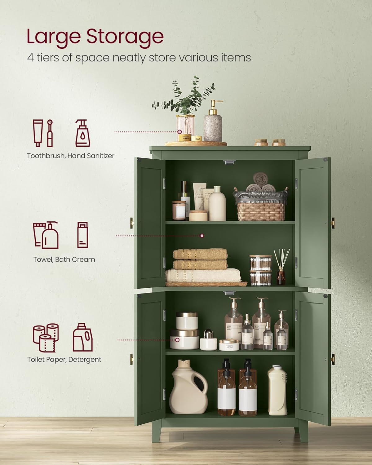 VASAGLE Floor Storage Cabinet, Freestanding Storage Unit with 4 Doors,