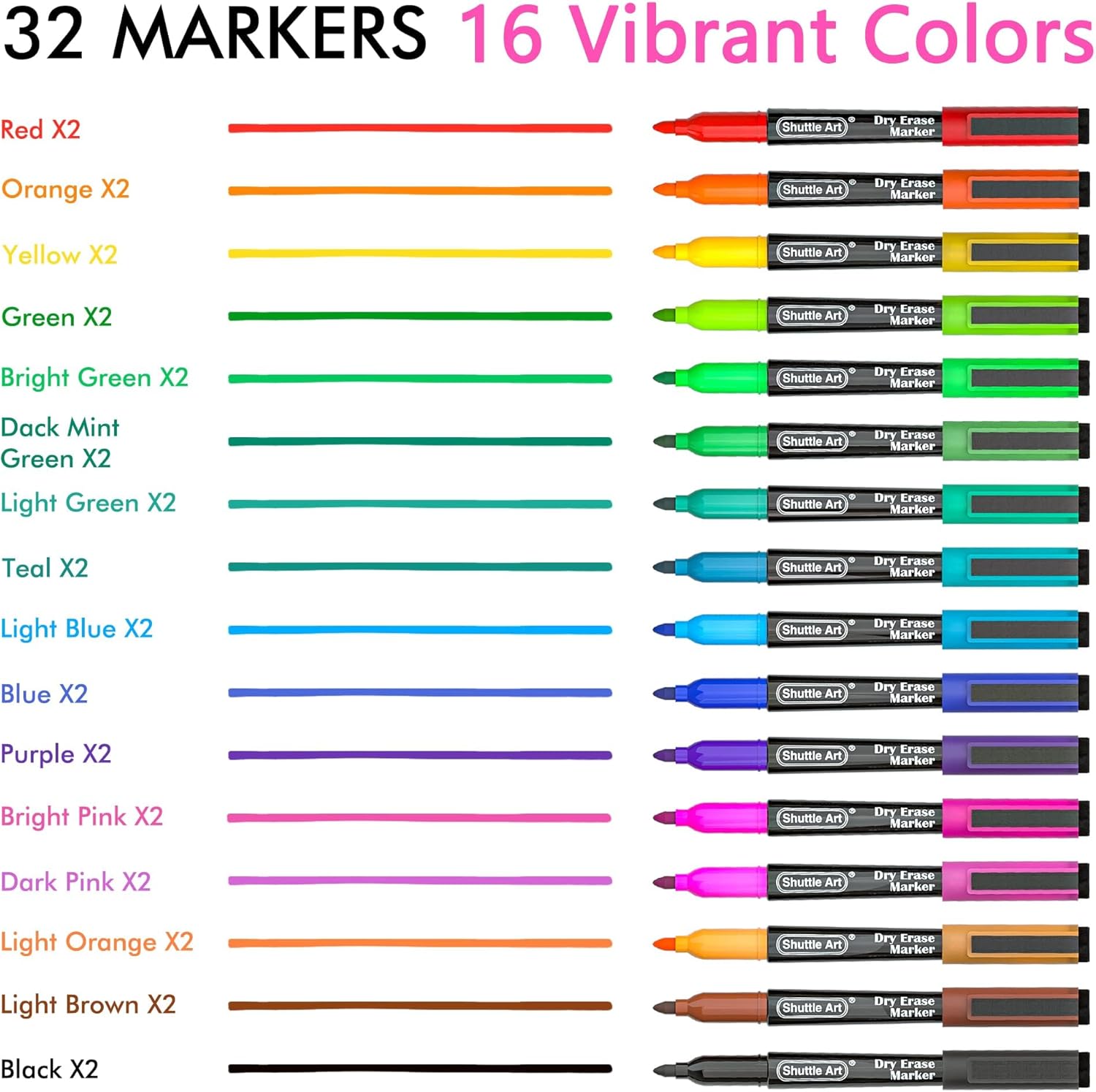 Shuttle Art Dry Erase Markers, 32 Pack 16 Colors Magnetic Whiteboard M